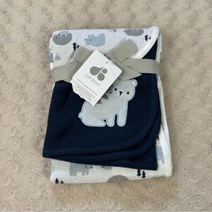 Just Born Blue Bear Baby Blanket Thermal Waffle Weave White Gray Trees Receiving